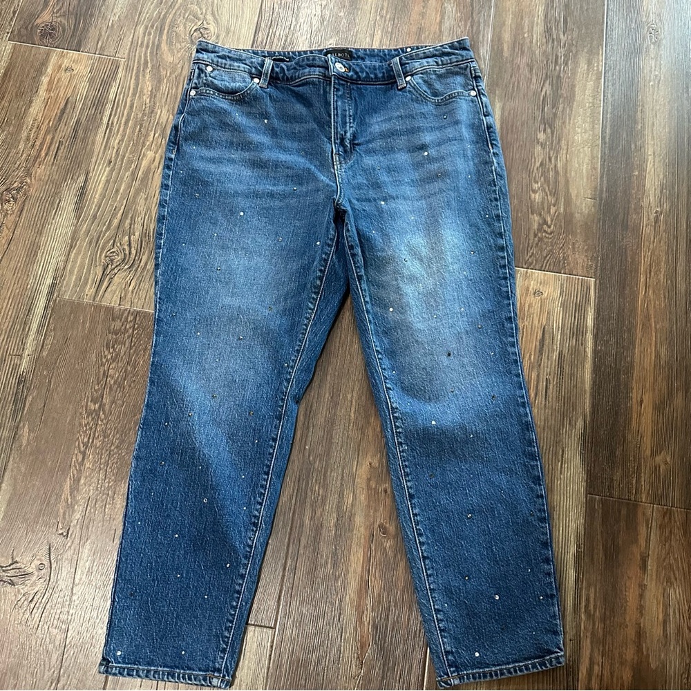Talbots slim ankle jeans rhinestones bling denim jeans 14 p petite women's